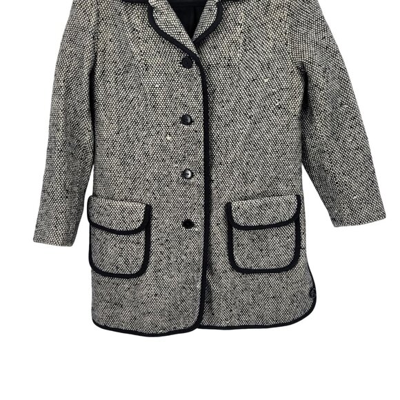 Vtg 70s Petite Tweed Long Line Coat Sz PS Black White Contrast Trim Twee Winter - Picture 8 of 13